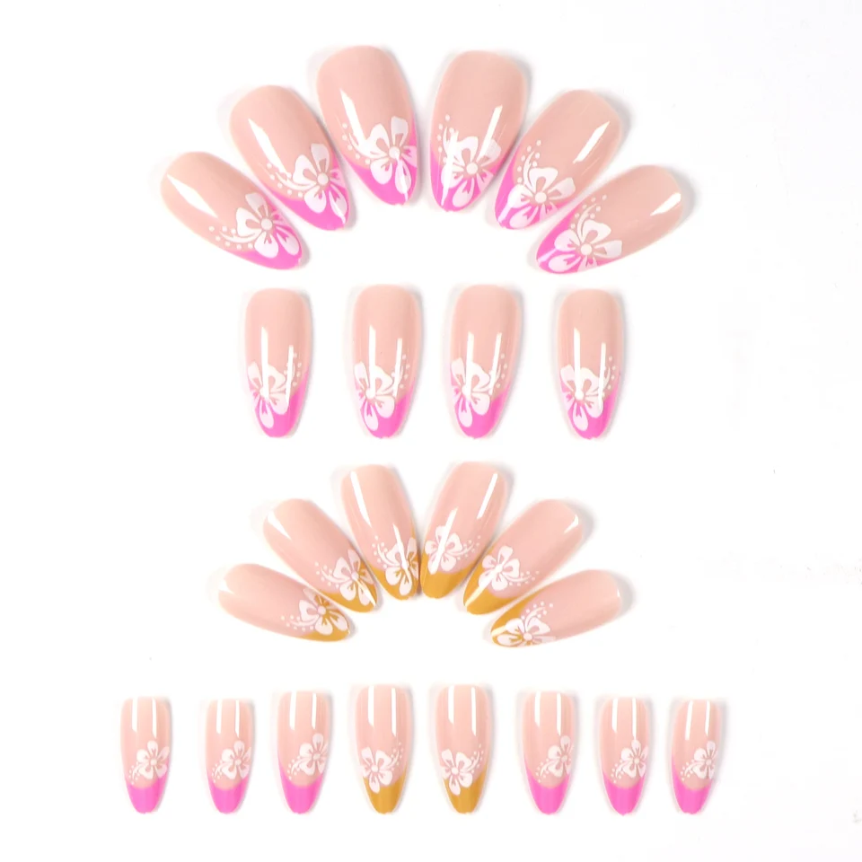 24 uñas postizas almendradas cortas rosas con diseño de flor blanca, hibisco lindo, de cobertura completa 2