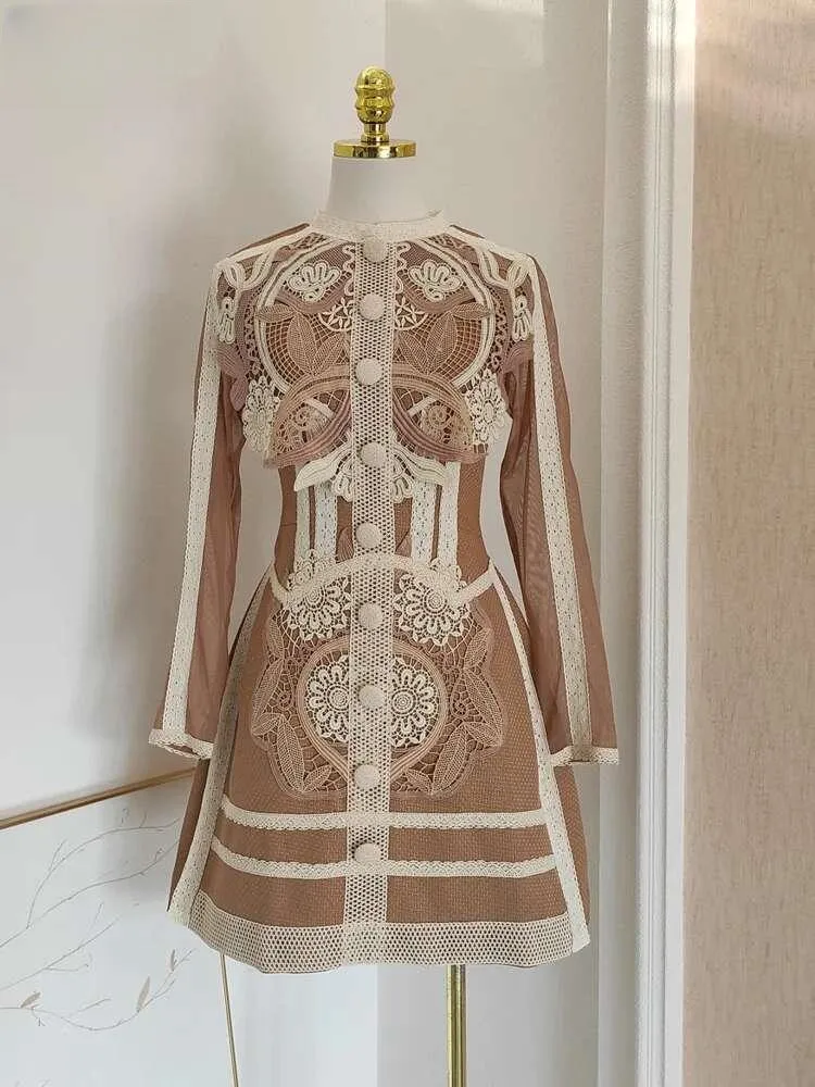 

Women's Fashion Dress O-neck Long Sleeve Single Breasted Embroidery Waist Patchwork Casual Dresses Autumn New 2025 vestes femmes