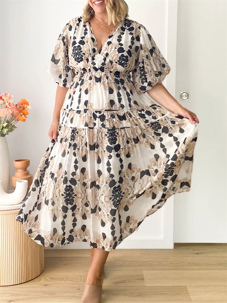 Boho Long Dresses Women Vintage Floral Print Dress Ladies Summer Short Sleeve Beach Dress Female Elegant V Neck Holiday Vestidos