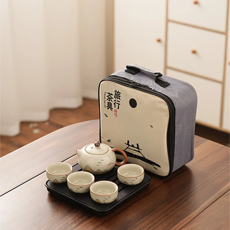 

Ru Kiln Travel Kung Fu Tea Set Small Portable Home Outdoor Tea Drinking Ceramic Teapot Teacup Dry Brewing Tray