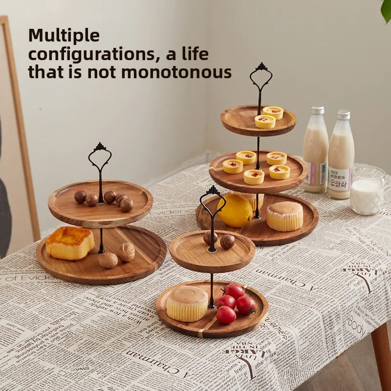 yjq simple double-layer dried fruit tray setting table, living room fruit storage three-layer candy snack wooden tray