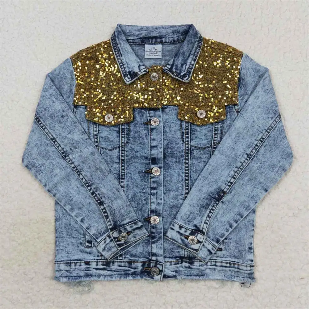 

Wholesale Toddler Buttons Denim Cardigan Infant Baby Girl Jeans Pocket Coat Kids Long Sleeves Jacket Children Sequins Clothes