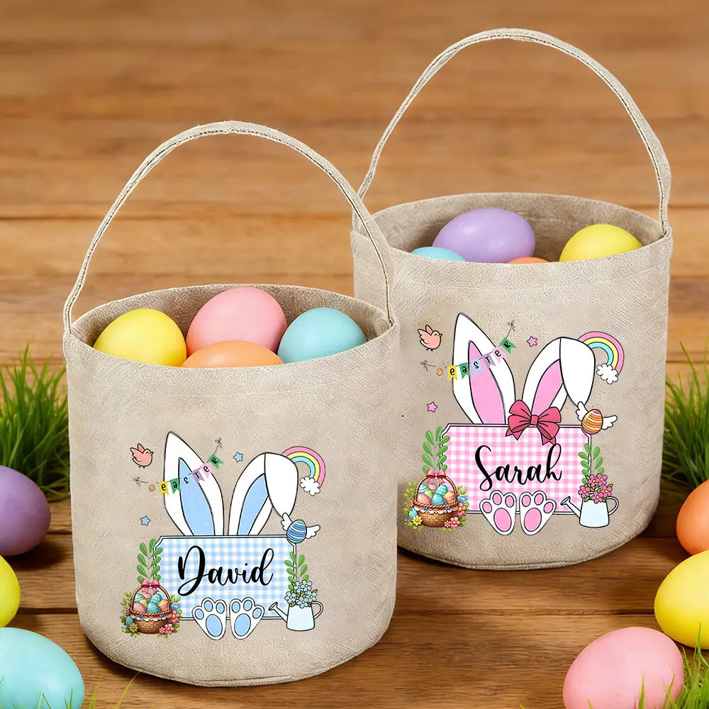 Canasta de Pascua Personalizada, Canasta de Regalo para la Búsqueda de Huevos de Pascua, Regalo para Niños, Primera Pascua del Bebé, Bolsa de Conejito Reutilizable
