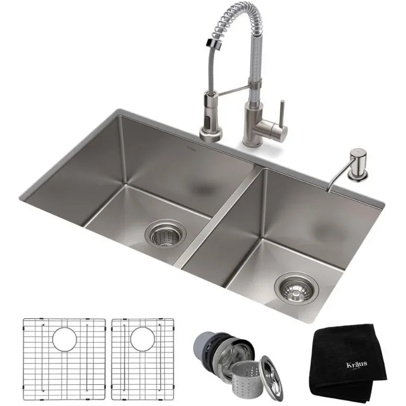 Kraus Standard PRO Fregadero de cocina de acero inoxidable de doble cuenco bajo montaje 60/40, calibre 16, 33 pulgadas, KHU103-33