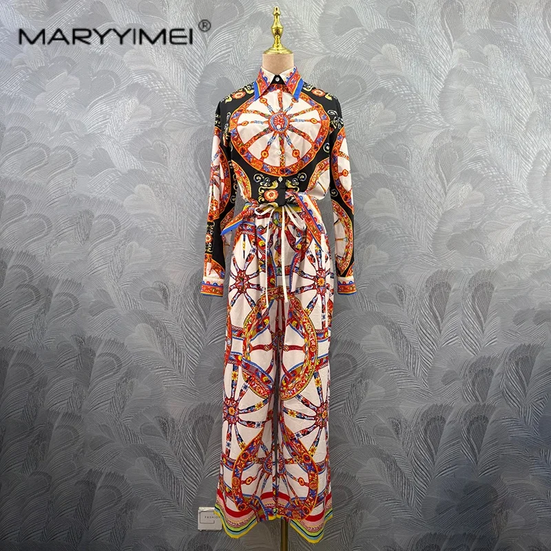 MARYYIMEI 2026 summer women's cotton printed long sleeved waist cinched short top with pants set