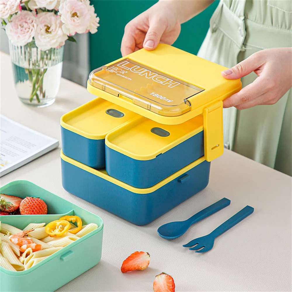 

1100/1800ML PP Bento Box Insulated Lunch Box For Adult Leakproof Square Double-layer Divided Lunch Container Box With Fork Spoon