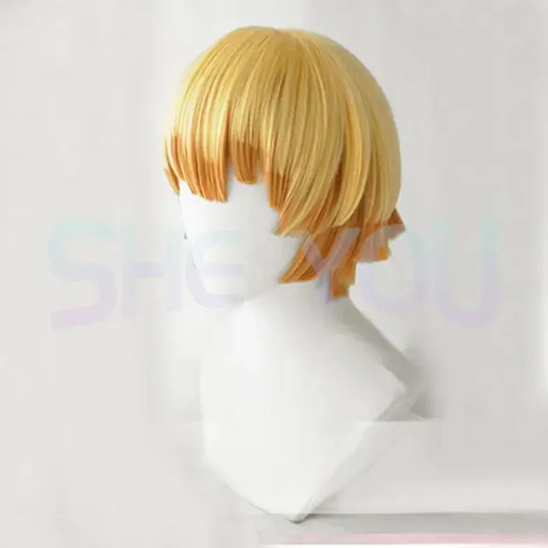 Agatsuma Zenitsu korte blonde ombre en lange paardenstaart hittebestendige cosplay pruik + pruikdop