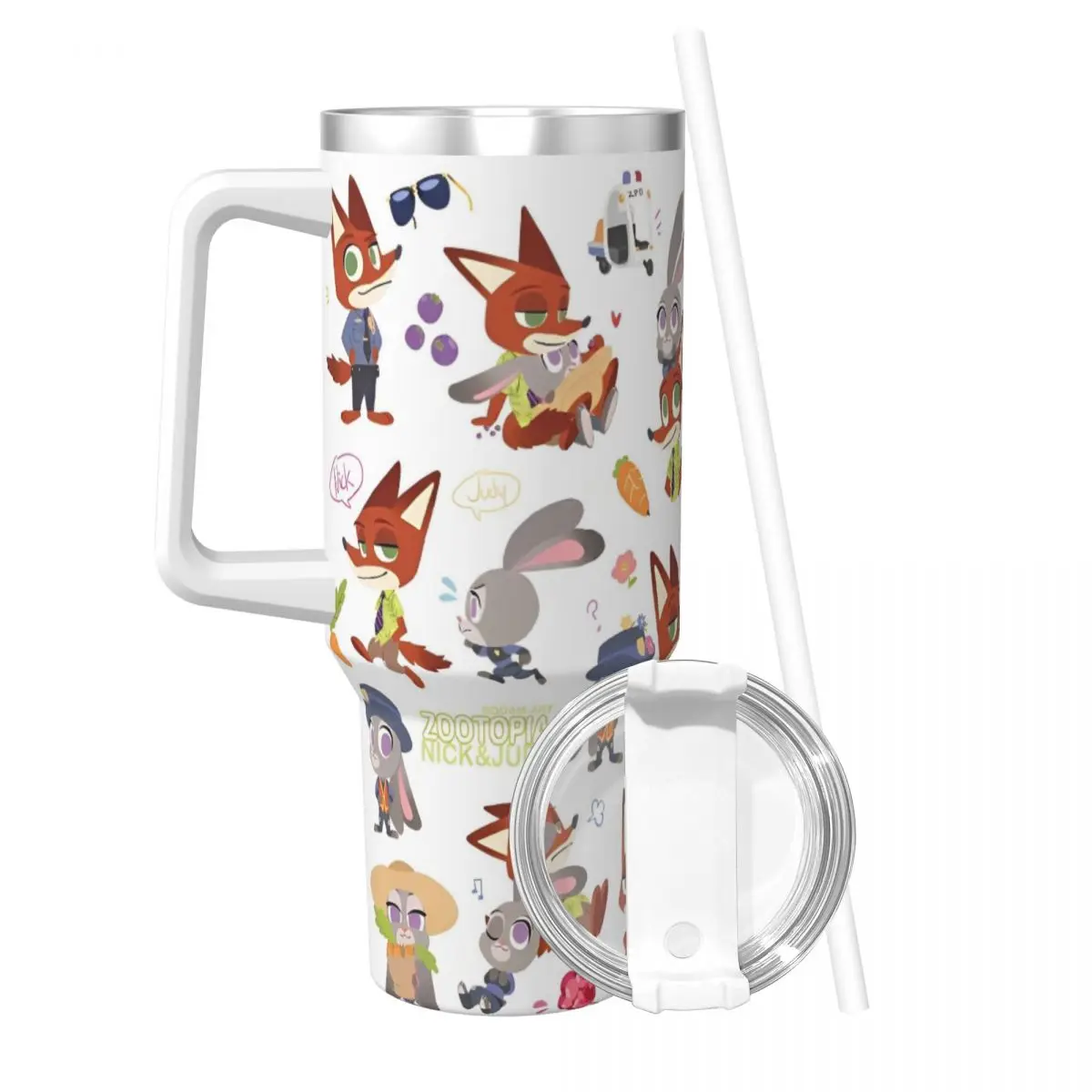 Stainless Steel Tumbler Zootopia Mugs Cup With Straws Camping Cold and Hot Water Bottle Keep Heat 40oz Coffee Mug