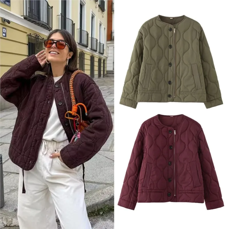 

Casual round neck single breasted pocket long sleeved cotton jacket autumn and winter women's fashionable temperament solid coat
