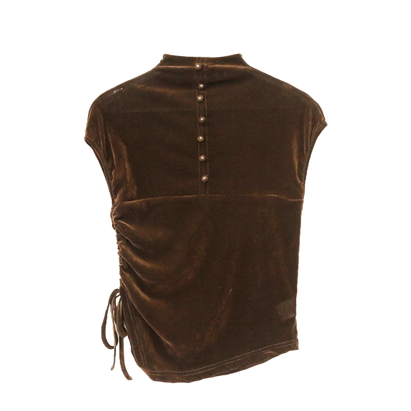 بلوزة مخملية قابلة للعكس لخريف 2025: رقبة وهمية مع رباط وأزرار، تي شيرت متعدد الاستخدامات بظهر أمامي غير متماثل