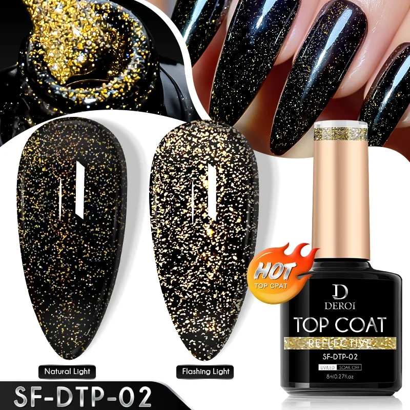 DEROI Auroral Flash Top Coat per Nail Art Manicure No Wipe Dot Top Coat Laser Glitter Topcoat vernice sigillo smalto Gel UV 8ml