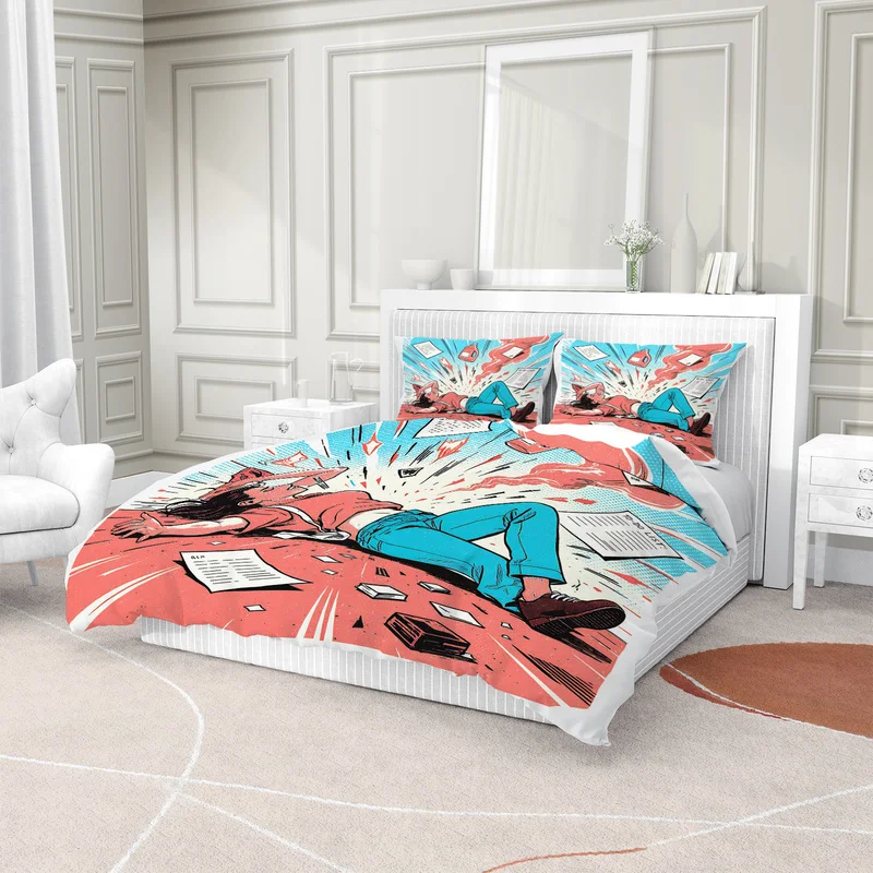Office Burnout Duvet Cover Set Tired Worker Messy Desk Coffee Cup Print Bedding Set Retro Soft Quilt Cover Set For Bedroom Decor