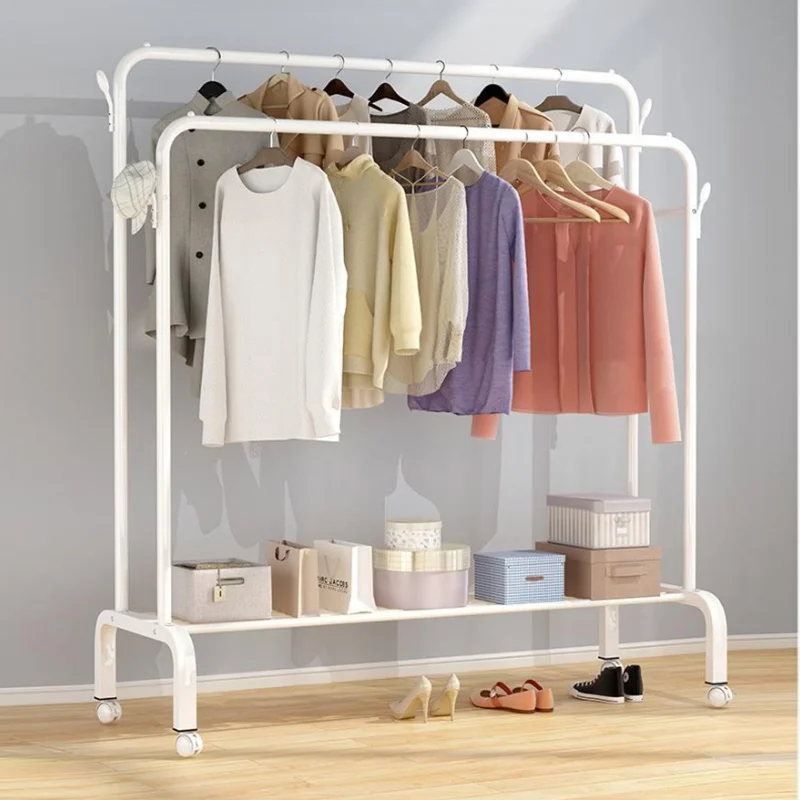 

Metal Bedroom Clothes Stands & Shoe Racks Flexible Cloth Storage Hanger Rack Coat Durable Double Pole Garment Rack with Hook