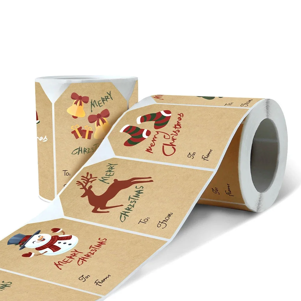 250PCS/Roll Cartoon Square Kraft Paper Stickers 75*50MM Christmas Tree Snowman Labels