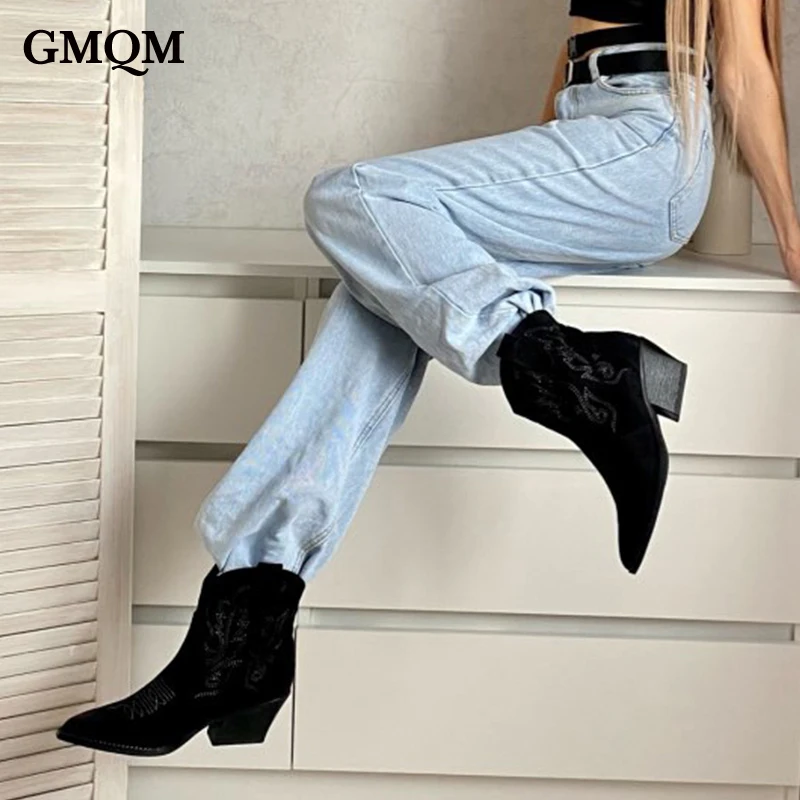 GMQM 2022 Autumn Winter Casual Western Cowboy Ankle Boots Fashion Women’s Platform Pointed Toe Designer Shoes Slip-On High Heels