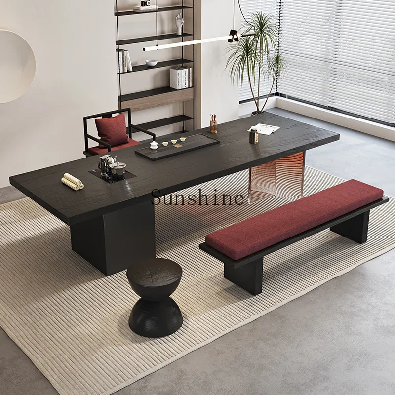 

Solid wood large board tea table and chair combination black acrylic home balcony living room floating table