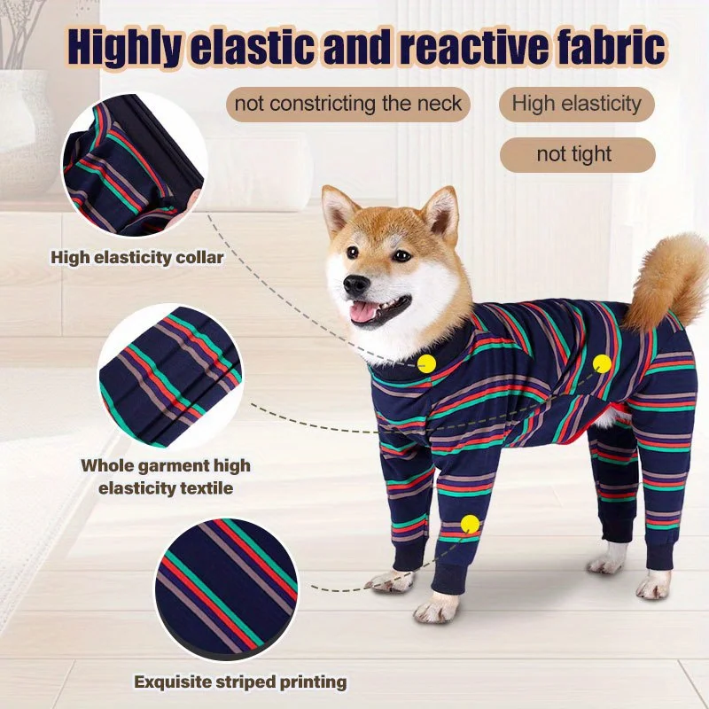 قميص مخطط للكلاب بعد الجراحة ملابس الفطام عالية المرونة بأربعة أرجل تغطية كاملة بيجامات ناعمة قابلة للتنفس صديقة للبيج