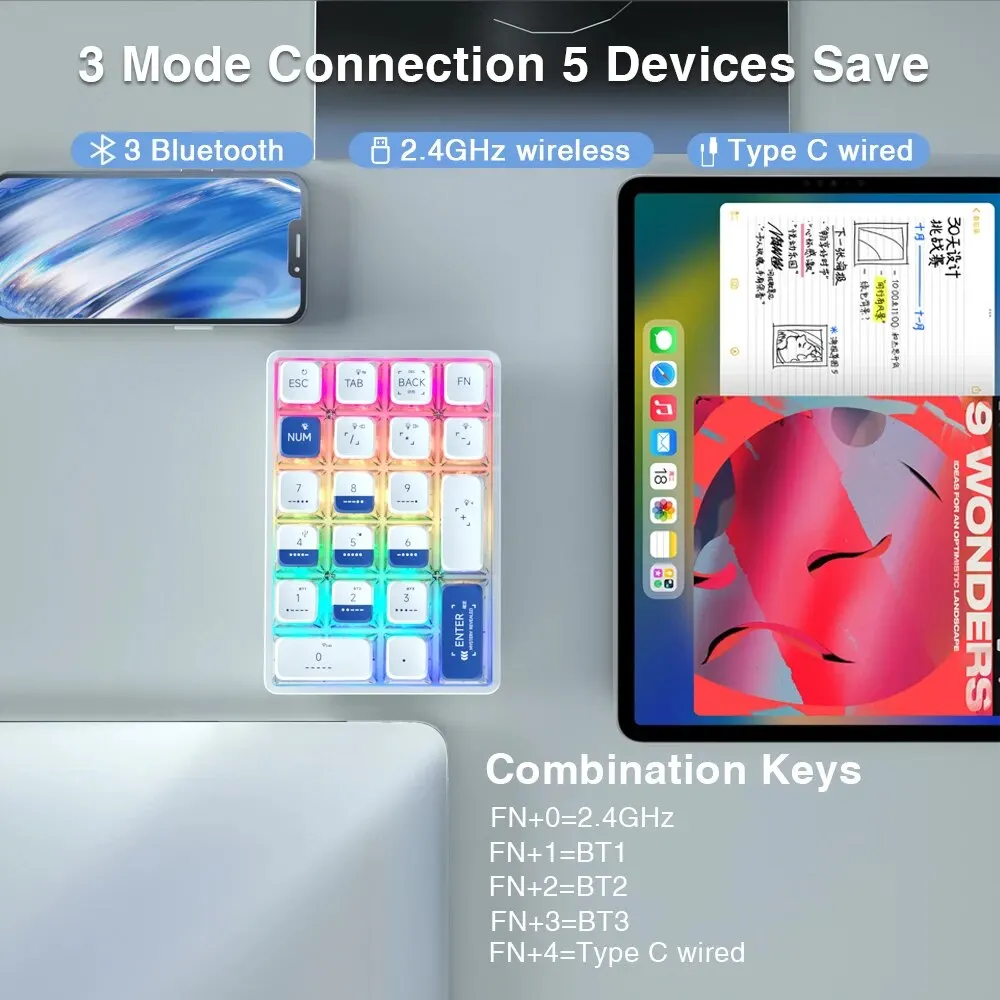 Mechanical Keypad LEOBOG K21 Bluetooth Number Pad 21 Key Transparent Photoshop Accounting Numpad Gaming Keyboard
