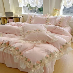 Korean Princess Style Flowers Lace Ruffles Duvet Covers Bed Skirt/Fitted Sheet Pillowcase Bedding For Girls Luxury Home Textiles