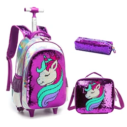 BIkab Unicorn Rolling Backpack for Kids Wheeled Backpack Double Handle Wheeled Backpack with Lunch Bag and Pencil Case Set