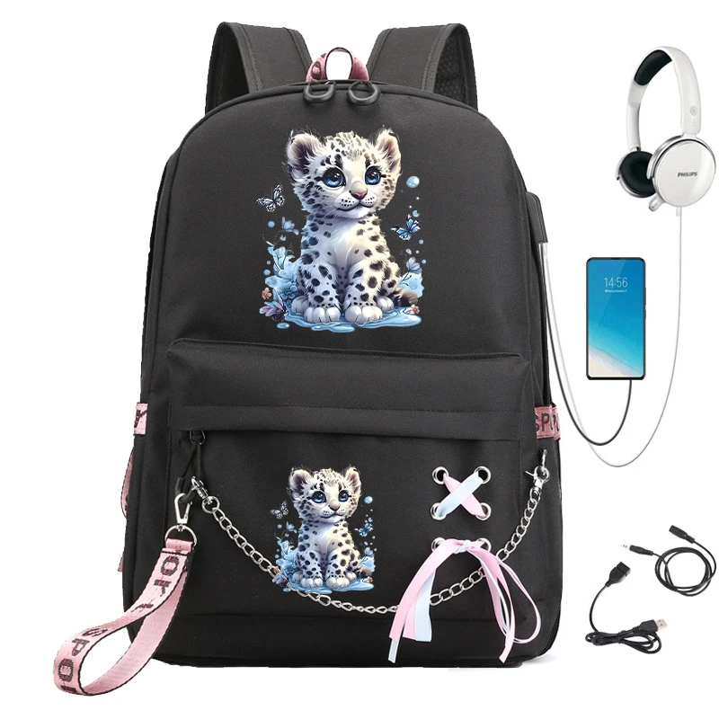 Little Leopard Print School Backpack Bag for Boys Girls Cartoon School Bag Anime Students Usb Bookbag Animals Manga School Bag