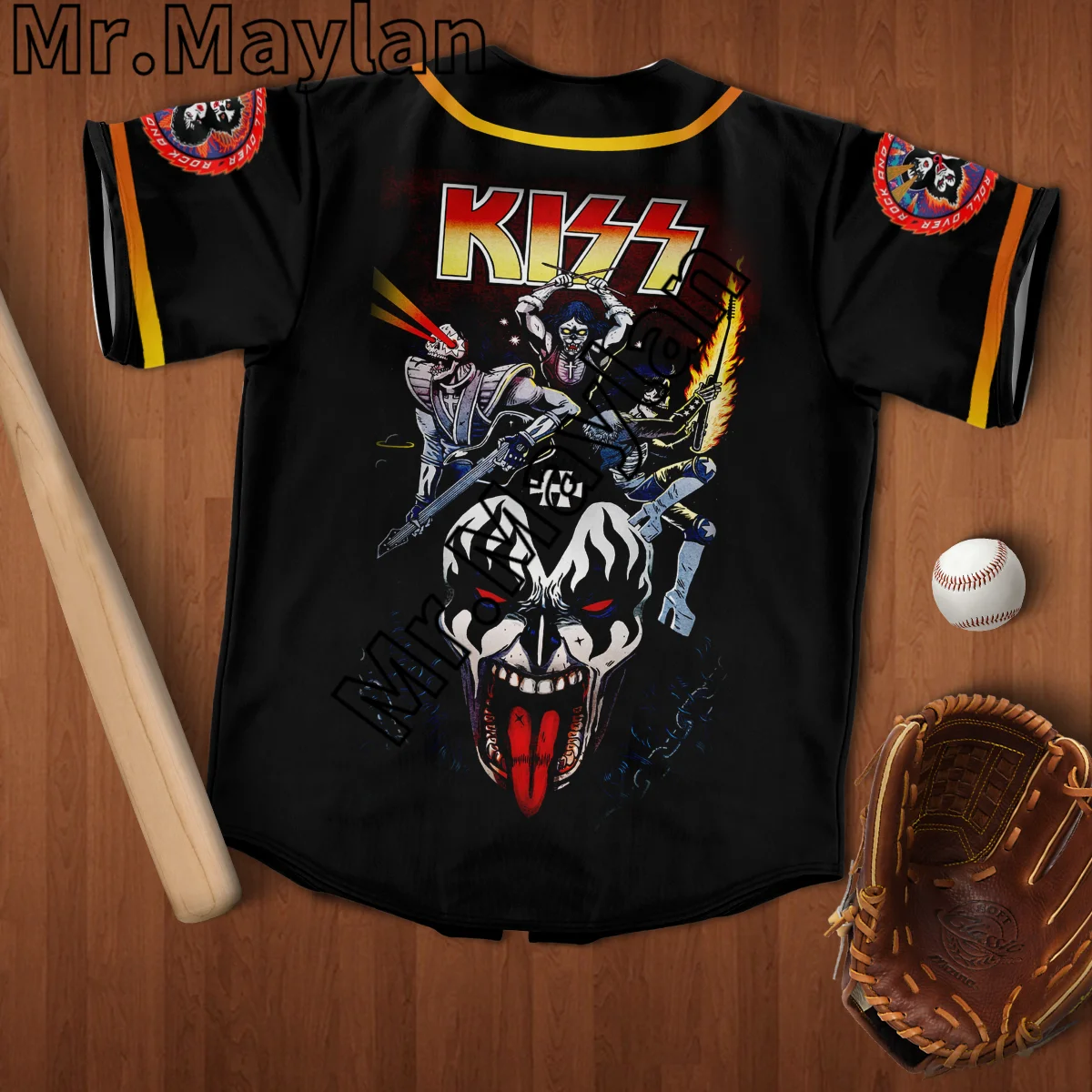 Camiseta con estampado de béisbol 3D de Rock Kiss Band, camisa de béisbol con calavera negra, dorada y roja, Tops de hip hop, novedad de 2023