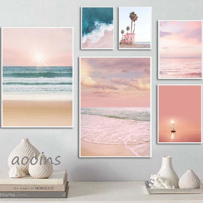 Beach Aerial Photography Print Nordic Poster Home Decor Blush Pink & Blue Ocean Wave Wall Art Picture Canvas Painting Decoration