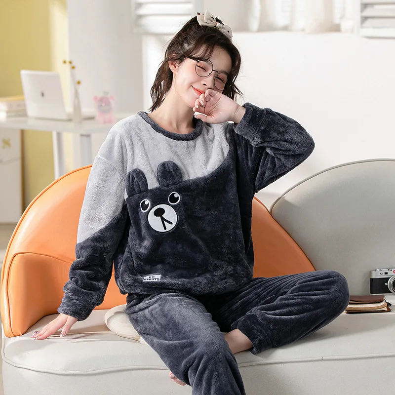 2PCS/Set Women\'s Coral Fleece Pajamas Fall and Winter Padded Thickened Home Clothing Set of Warm Pullover Can Be Worn Outside