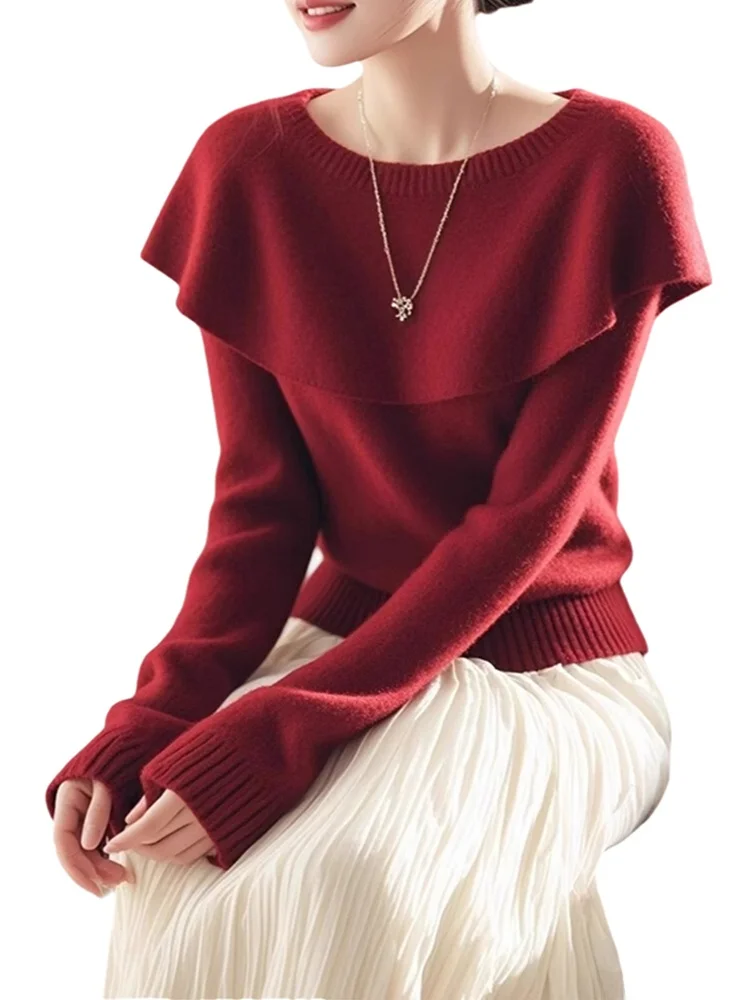 سترة نسائية محبوكة باللون الأحمر لربيع الخريف تصميم عالي ناعم ومريح علوي Sle للتنقل عتيق فضفاض مناسب مستدير Ne Long Sve