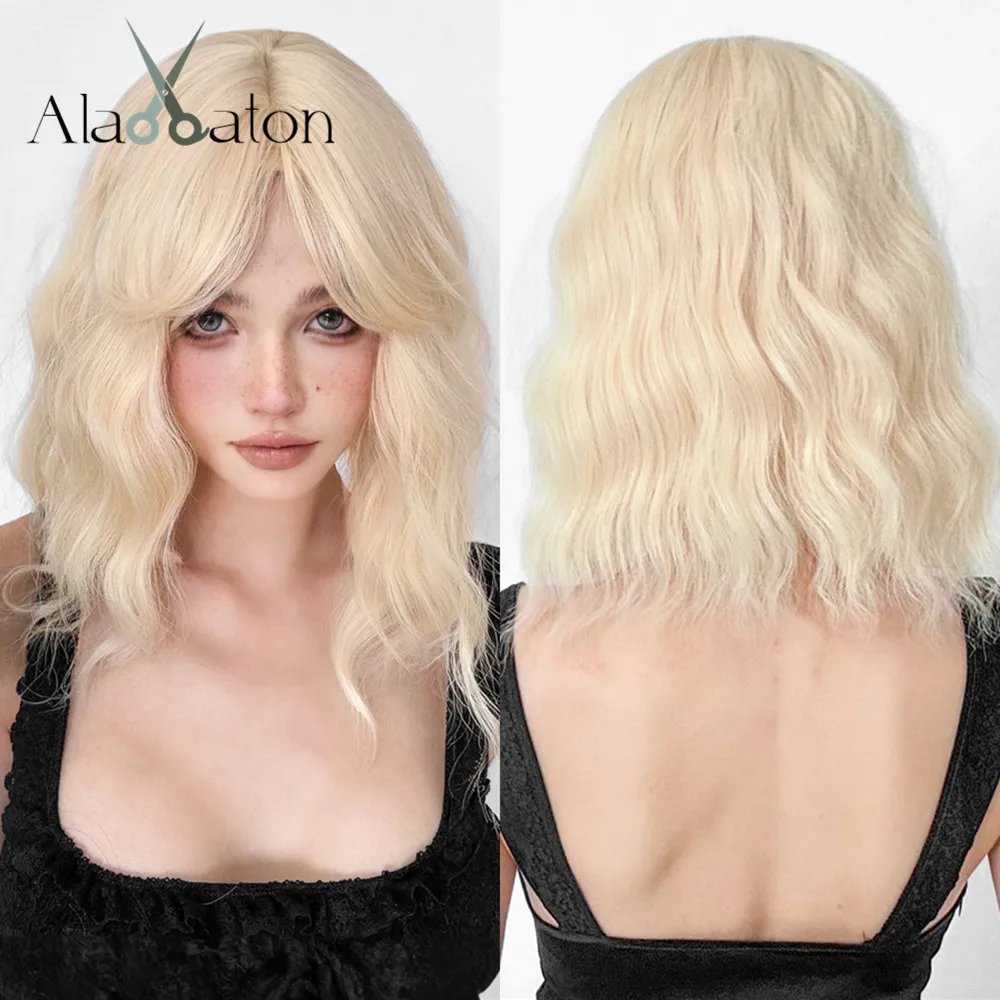 ALAN EATON Light Blonde Bob Wave Wigs Synthetic Short Wig with Bangs for Women Curly Blonde Party Hair High Temperature Fiber