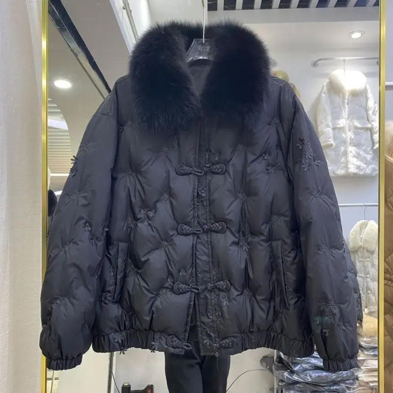Winter Down Jacket Women\'s Short White Duck Down Insulation Chinese Wind Coil Mouth Real Fox Fur Collar Winter Coat Women 2023