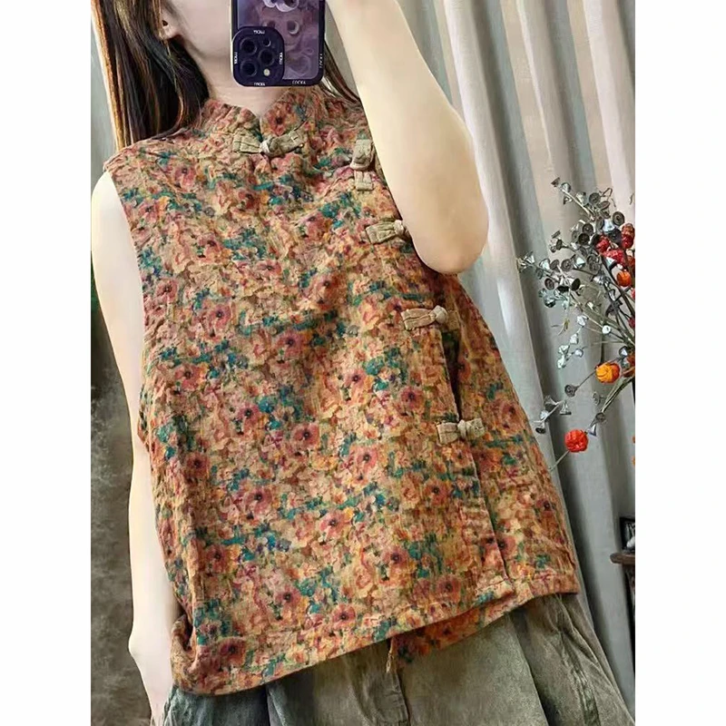 

Summer Arts Style Women Sleeveless Single Breasted Loose Vest Vintage Floral Print Cotton Linen Vests Coats High Quality TY89