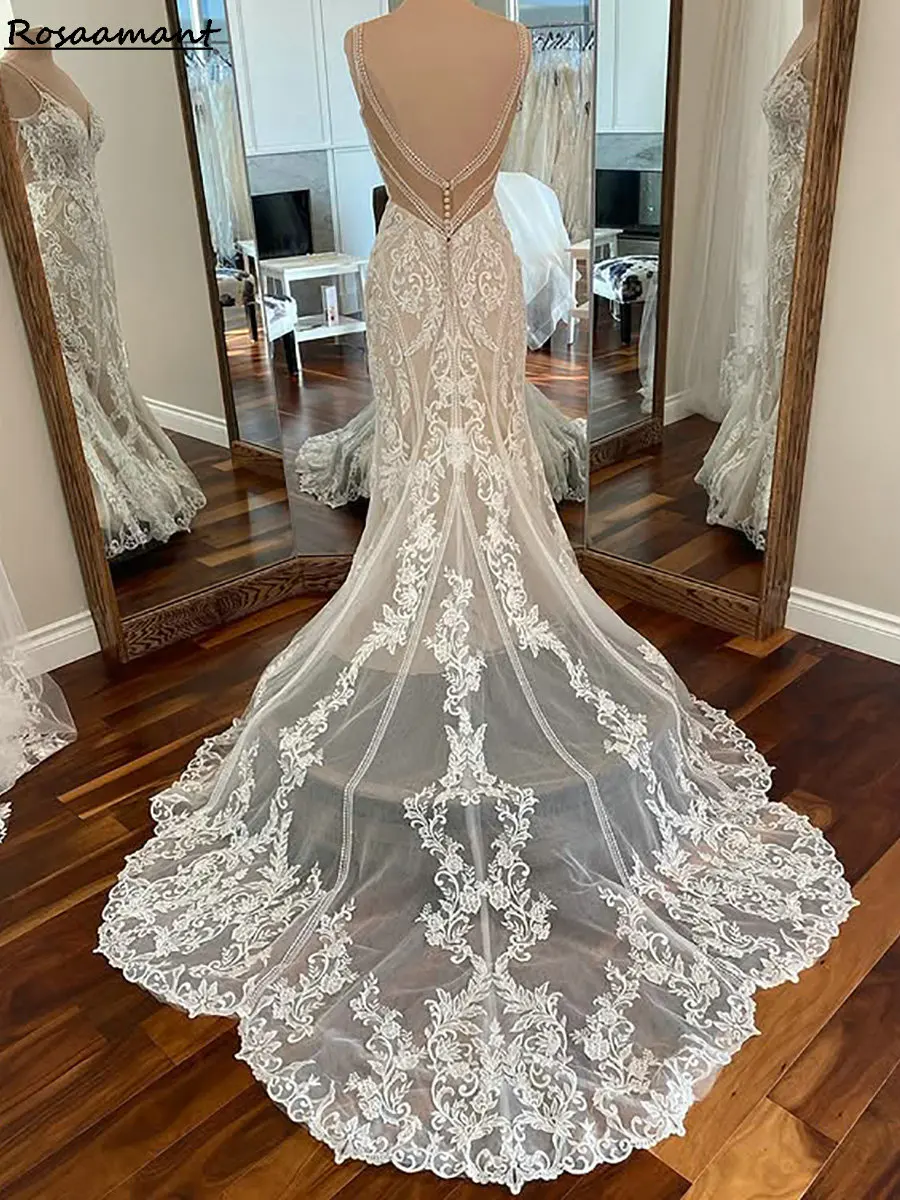 Gorgeous V-Neck Sleeveless Mermaid Wedding Dresses Illusion Open Back Appliques Lace Country Bridal Gowns