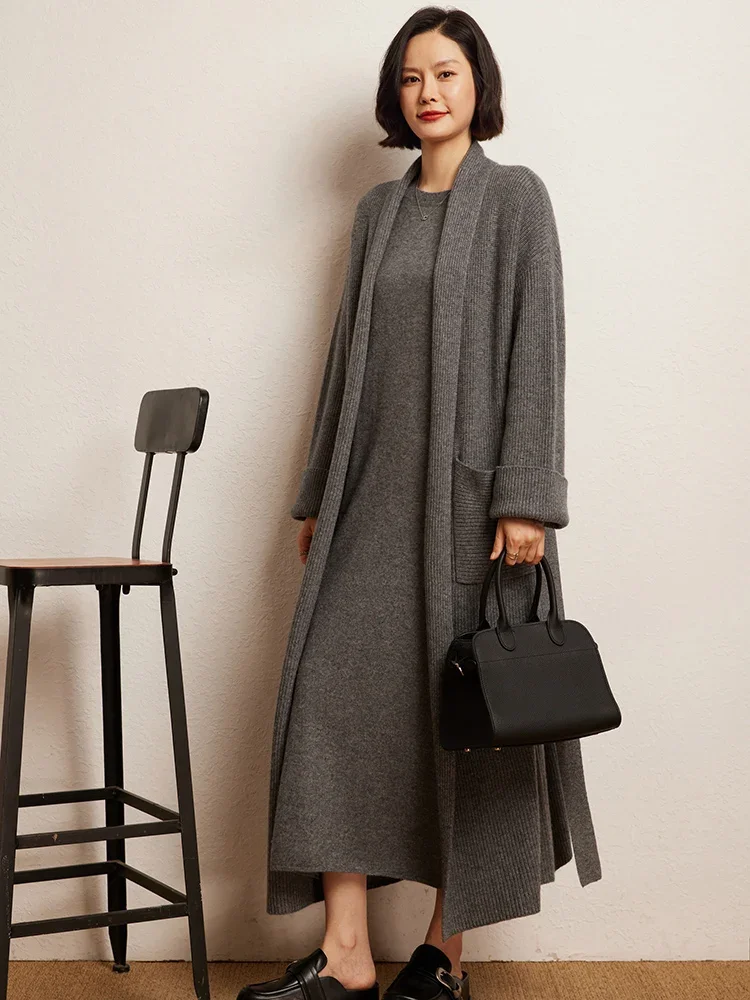 High-end Women's Sweater 100% Cashmere Cardigan Sweater Clothes Autumn Winter Sweater Large Lapel Robe Long Outerwears Warm Knit