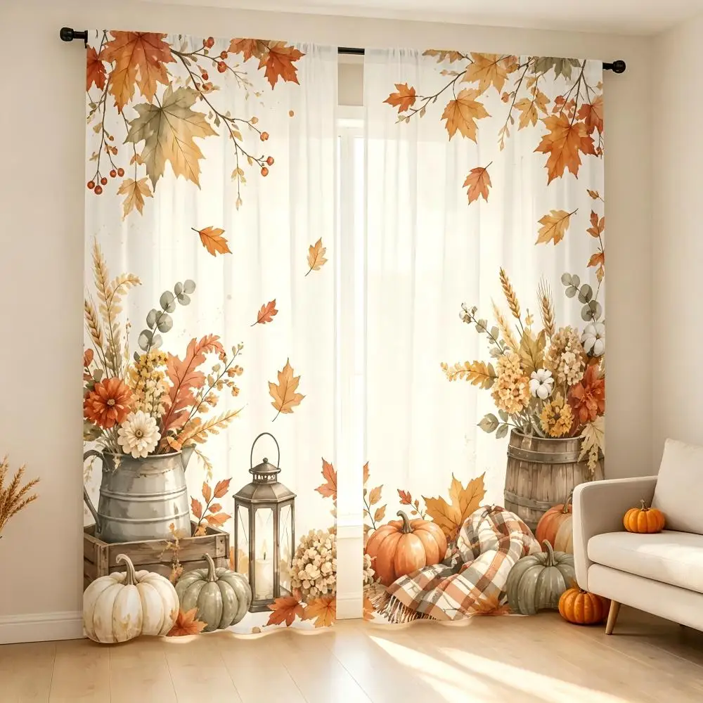 2PCS Thanksgiving Fall Sheer Curtains, Harvest Pumpkin, Digital Print, Bedroom Living Room, Rod Pocket Polyester, Home Decor
