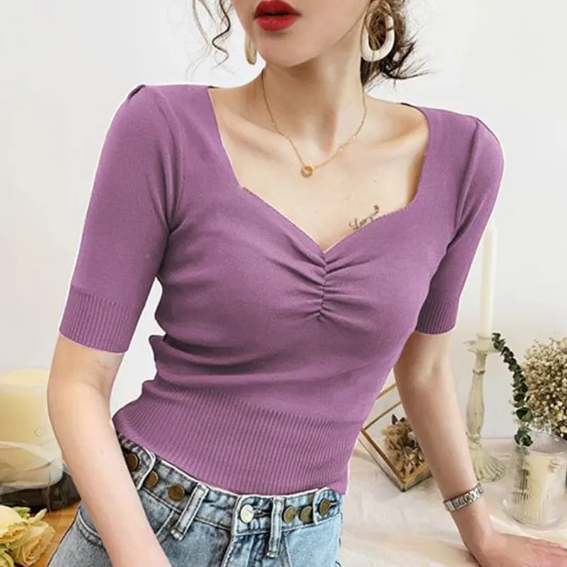 Women Monochromatic Square Collar Short Sleeve T-Shirt, Slim Top, Elegant Clothes, Sexy, All-match, Office Lady, Summer Fashion