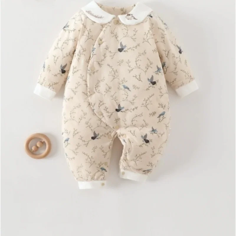 

2025 Autumn Newborn Baby Romper Cotton Warm Padded Jumpsuit Nature Floral Bird Print Infant Onesies Soft Cozy Winter Outfit