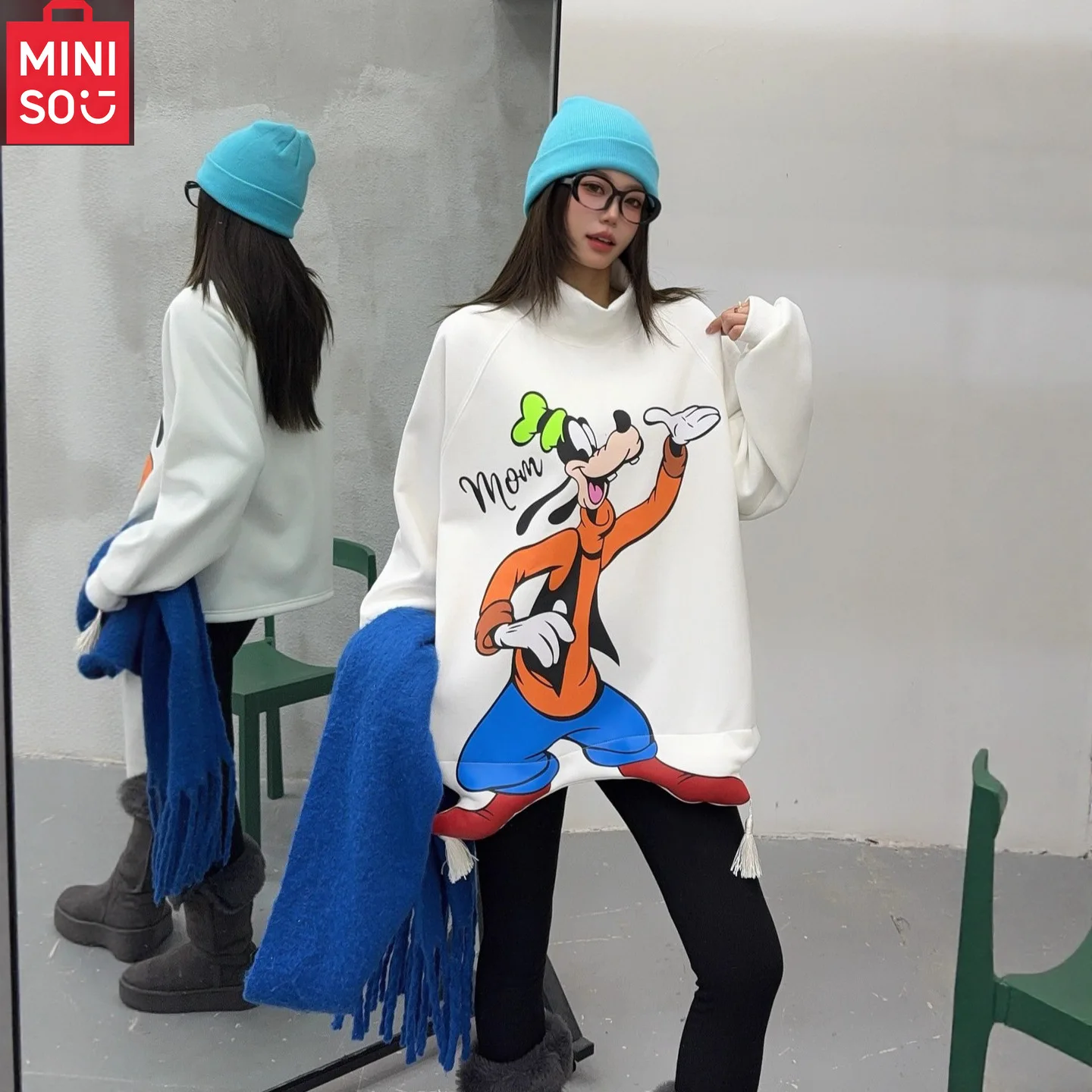 MINISO خريف/شتاء جديد هوديي المرأة الأمريكية الكبيرة الكرتون المطبوعة فضفاضة ومتعددة الاستخدامات بالإضافة إلى المخملية الدافئة أعلى عارضة #5