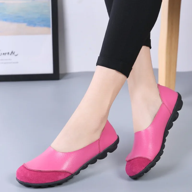 2026 New Ladies Shoes Woman Split Genuine Leather Woman Flats Slip On Woman\'s Loafers Female Moccasins Shoes Plus Size 35-44