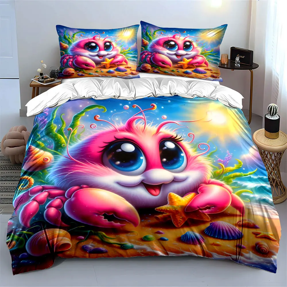 Pink crab with starfish beach Print Bedding Set 1 Duvet Cover 2 Pillowcases for Adult and Children Luxury Gift Full Size
