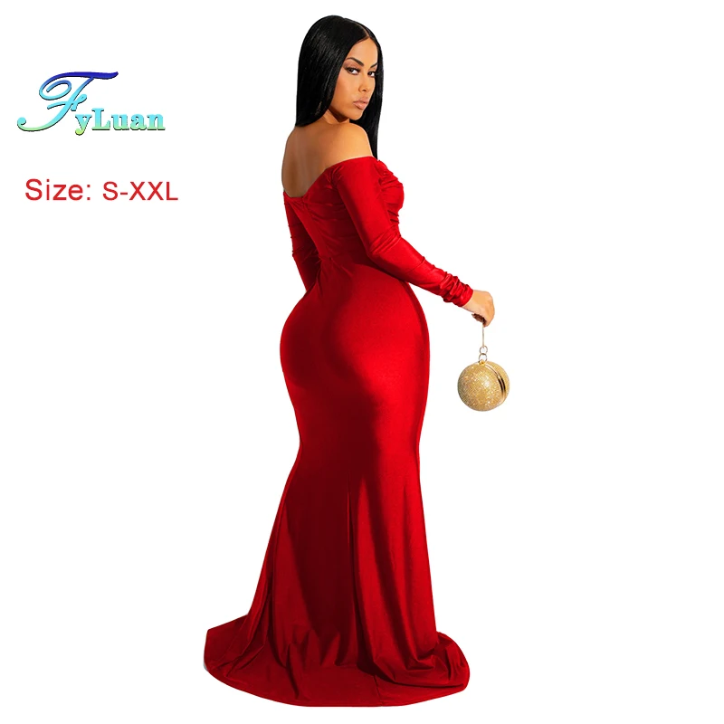 高品質レッドレディースロングドレスラップバスト長袖オフショルダーレディースフィッシュテールドレスセクシーウェディングパーティー誕生日ガウン