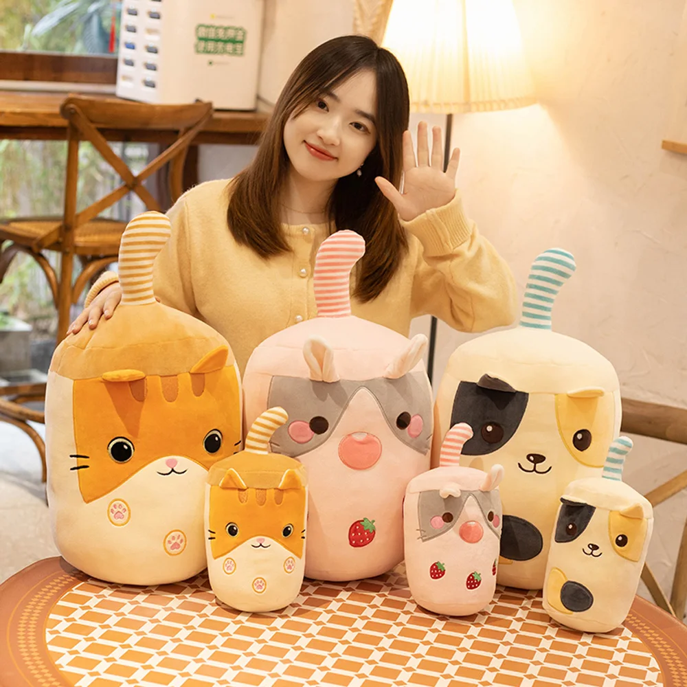 

Cuddly Cat Rabbit Dog Bubble Tea Cup Plush Toys Cartoon Boba Doll Stuffed Squishy Strawberry Pause Nap Pillow Bed Sofa Decor