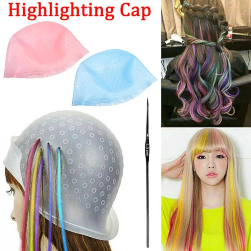 1Pcs Silicone Hair Highlights Cap With Needle Reusable Hairs Coloring Caps Dye Hat Hairdressing Styling Tools Salon Accessories