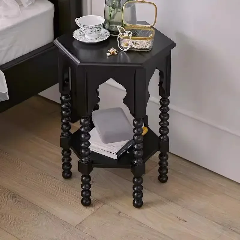 American retro solid wood bedside table, bedroom side hexagonal table, black simple living room storage table, coffee table corn