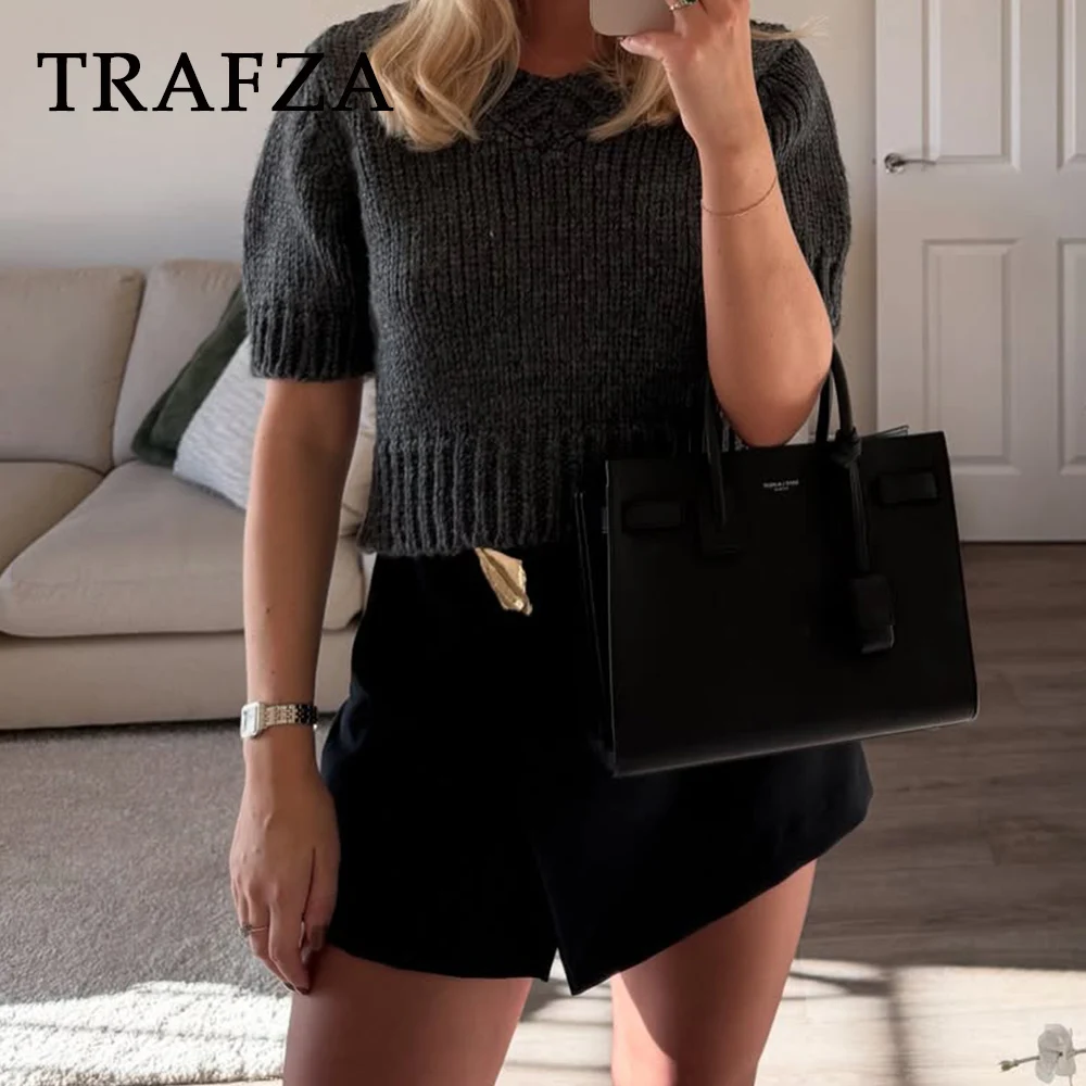 

KONDALA Chic Grey 2025 Knit Elegant V-Neck Short Women Sweater Pullover Fashion 2025 Short Sleeve Autumn Female Casual Knitwear