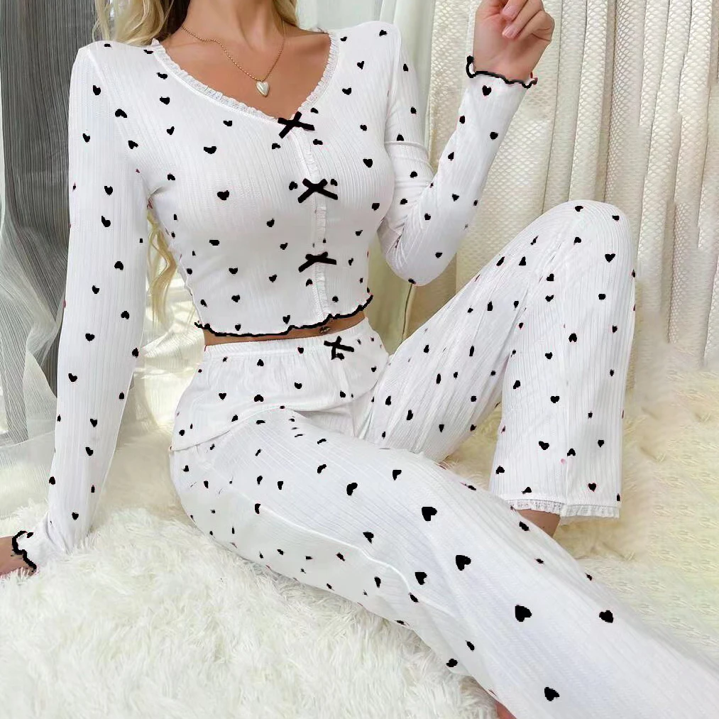 Autumn Women\'s Pullover Pajama Set Sexy Lace V-neck Bow Sleepwear Heart Print Long Sleeves &Trousers Nightwear Loungewear Outfit