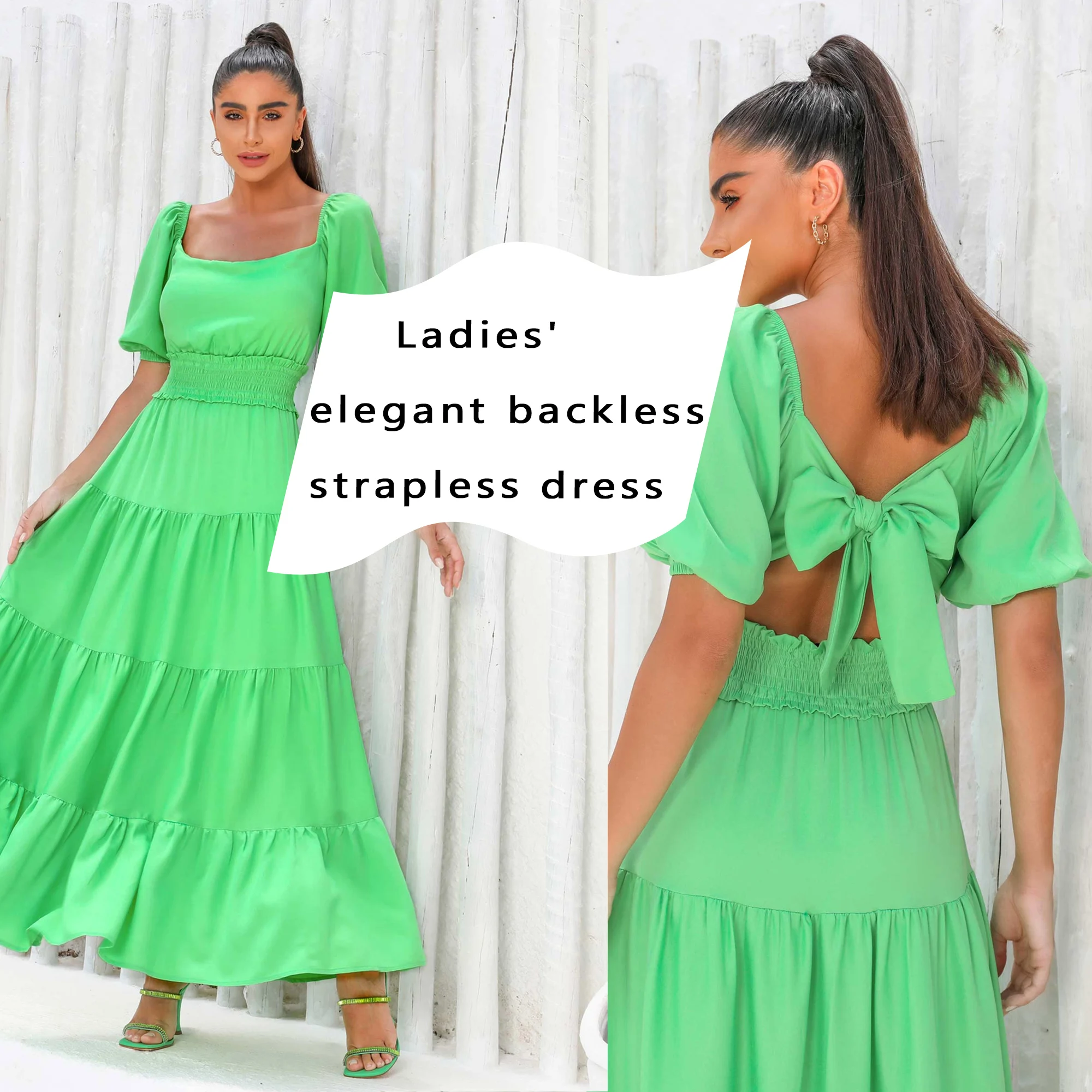 

Summer Sweet Bubble Sleeves Holiday Long Dress Sexy Backless Shoulder Catching High Waist Slimming Long Dress Ruffle Fold Dress