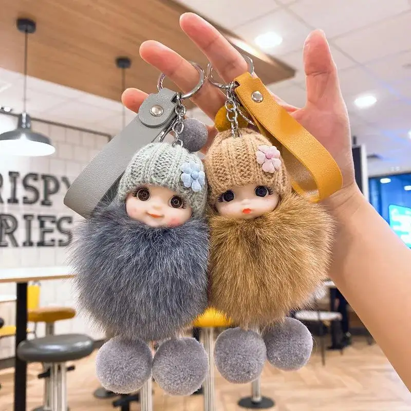 Pompom Smiling Doll Keychains Cute Fluffy Plush Doll Key Chain For Women Girl Bags Pendant Cars Keyring Gift Charming Decoration