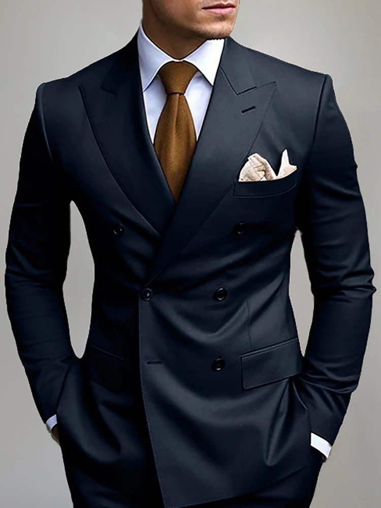 Men's Elegant Stripe Classic Printed Slit Tuxedo Suit Double-breasted Lapel Business Long Sleeve Blazer With Pockets Office Suit