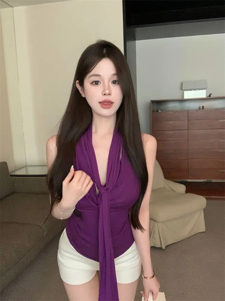 2026 Summer French Noble Cowl Neck Tie Sleeveless Top Women Stylish Bodycon Multiway Sexy Pure Desire Elegant Tank